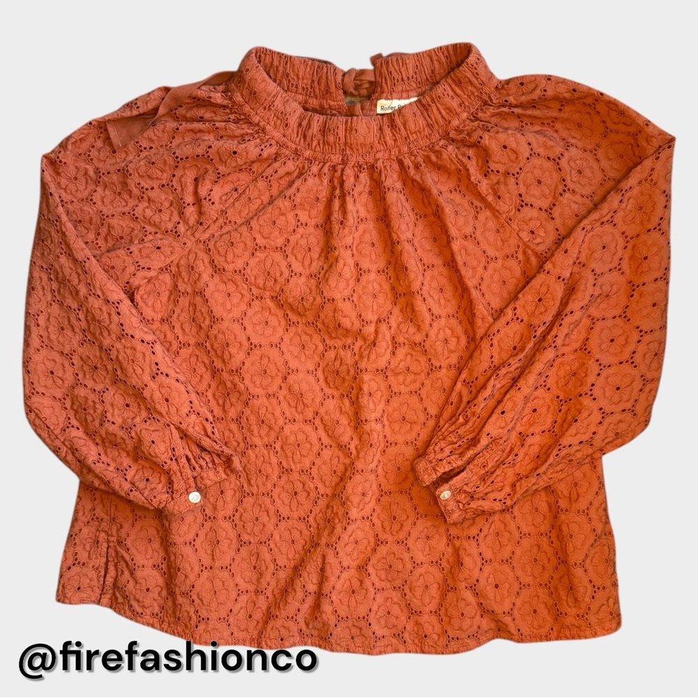 Roller Rabbit Terracotta Lace Blouse XS Boho Western Eyelet Embroidery Cotton